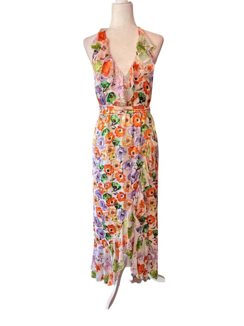 Alice + Olivia Evelia Floral Tie Waist Silk Blend Floral Dress SZ 8 Wedding - Picture 3 of 16